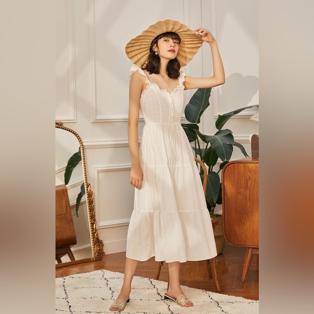 SIMPLE RETRO NWT cottagecore white cotton embroidered midi dress size Small